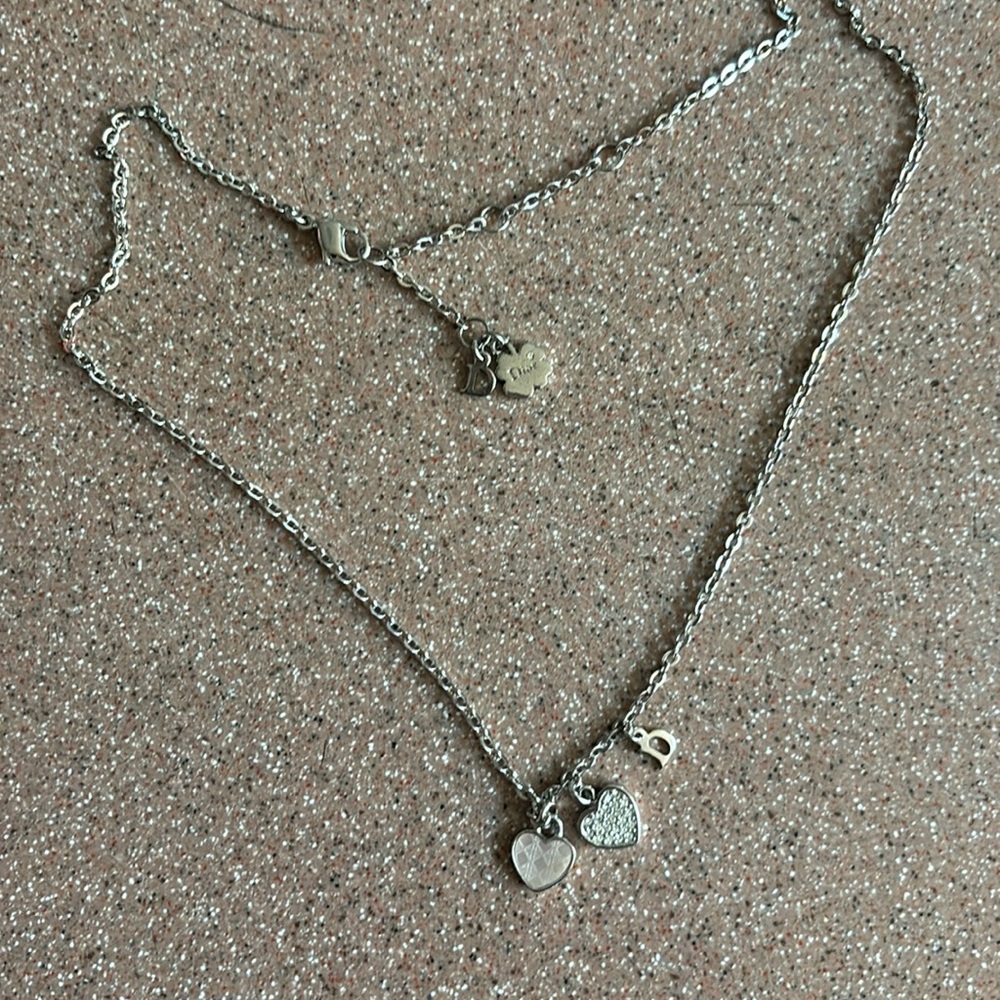 Christian Dior Vintage D Logo & Heart Charm Necklace Metal w/Crystals